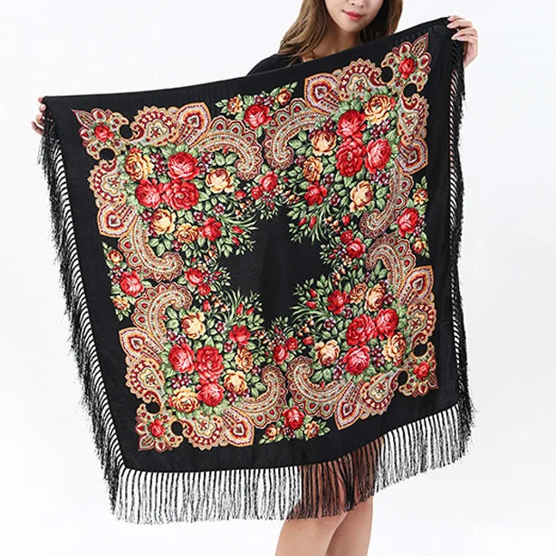 Women Luxury Floral Printed Russian Scarf Ukrainian Fringed Square Scarves Babushka Handkerchief Head Wraps Travel Shawl.