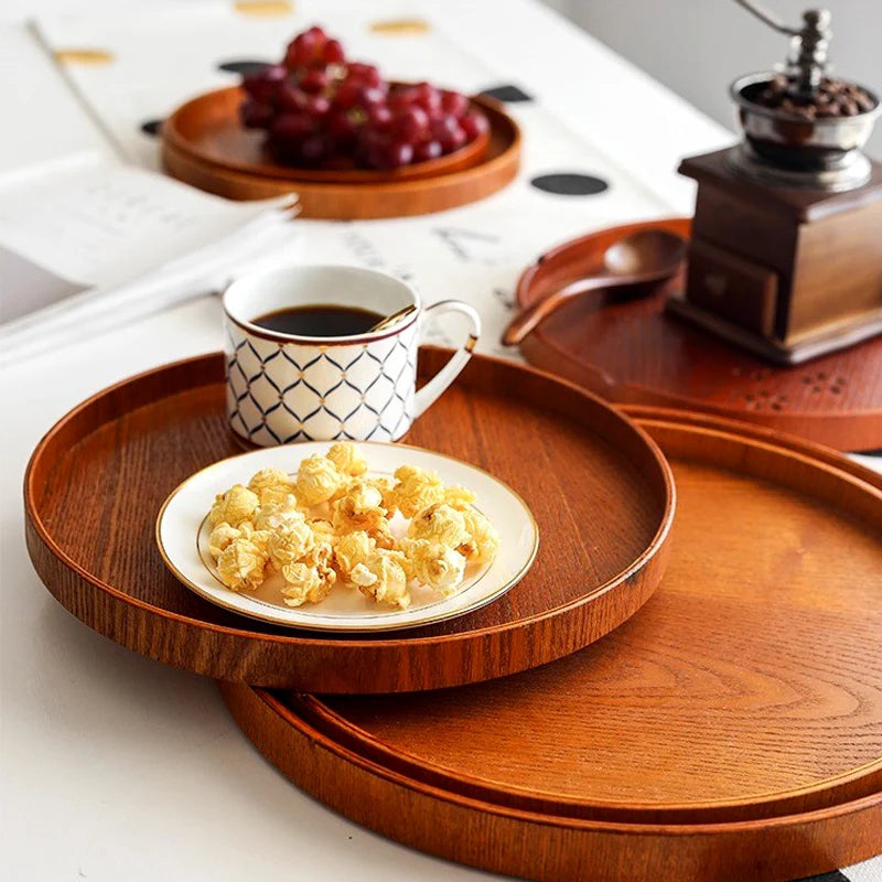 Tea Tray Round Wooden Serving Tray Large Snack Fruit Plate Food Serving Platter Breakfast Coffee Tea Plate Wood Dishes Tableware.
