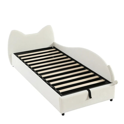 Polsterbett, Einzelbett, süßes Katzendesign, hydraulisches Bett mit Stauraum und Gürtelgriffen, stabiler Gitterrost, 90 x 200 cm