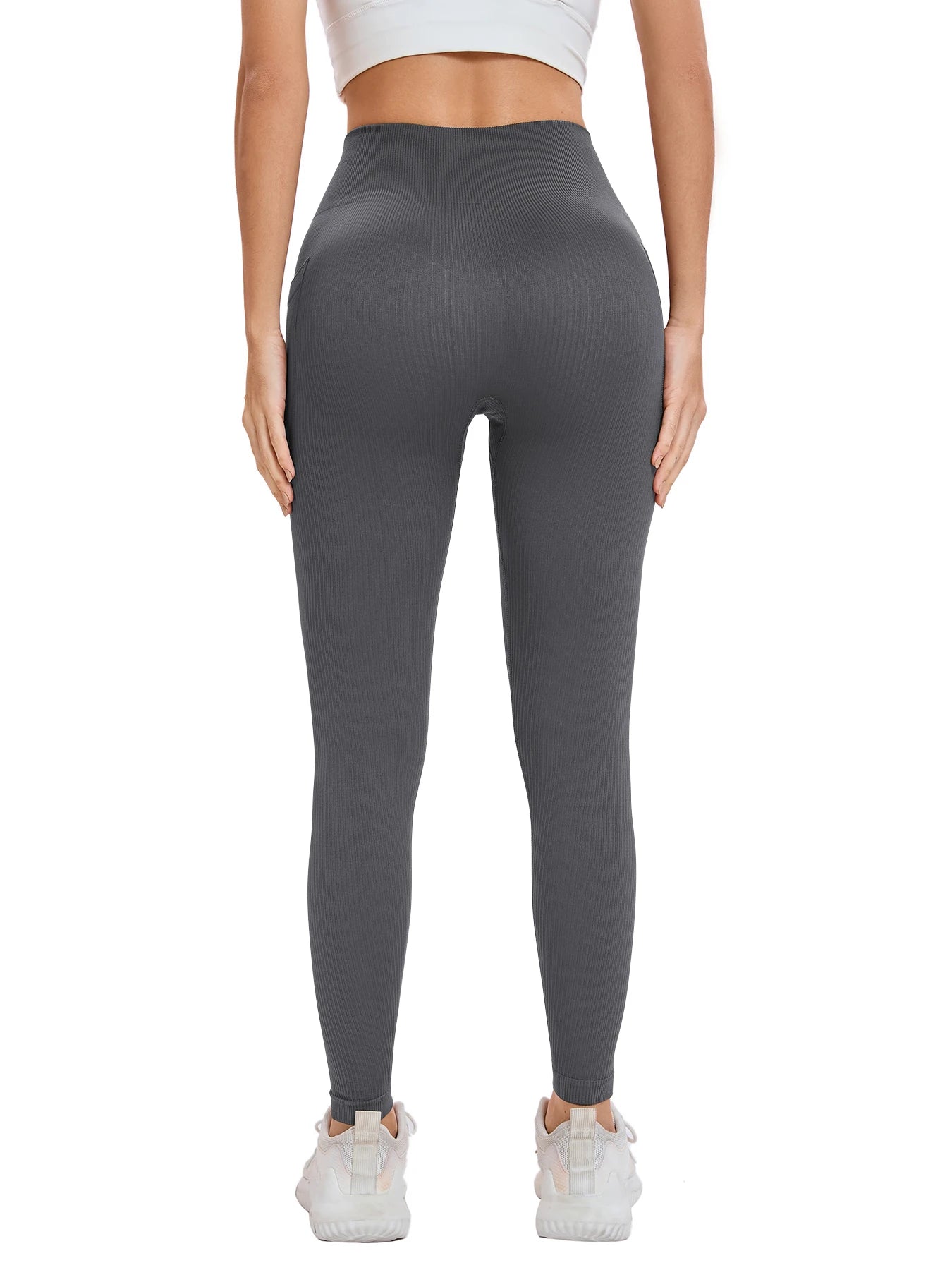 Women's solid color threaded sports leggings seamless cross-border yoga pants high-waisted fitness pants Yoga wear with pocket.