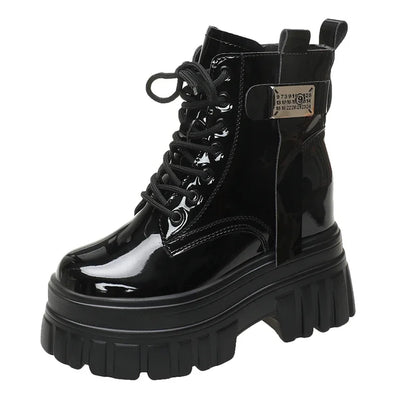 Women's High Platform Motorcycles Boots Winter 10CM Wedge Heels Warm Ankle Boots Chunky Sneakers New Autumn Leather Shoes Woman