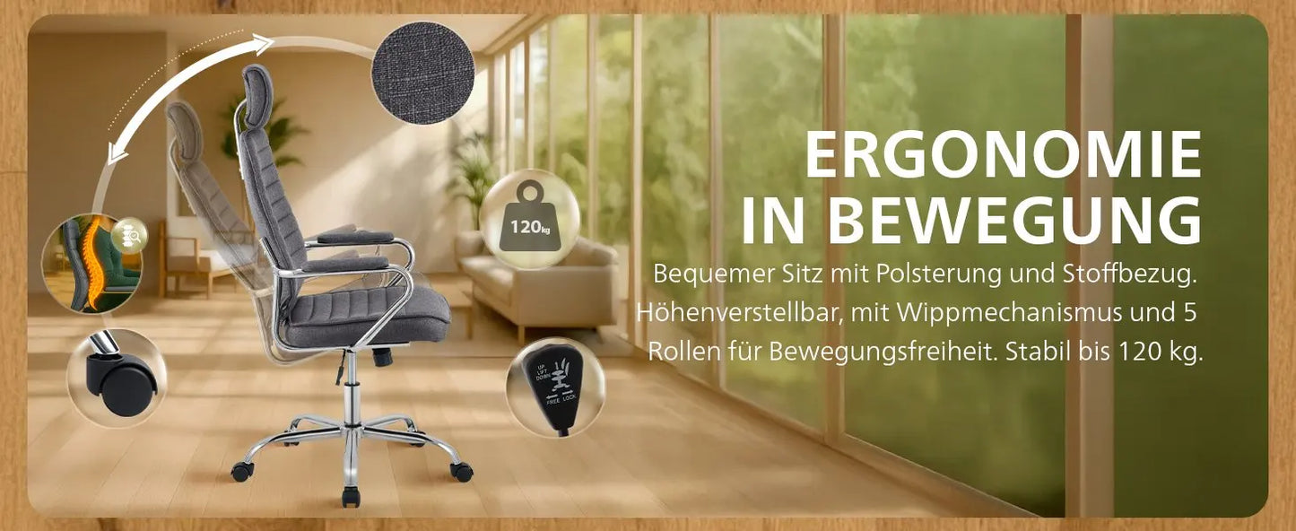 CLP Bürostuhl ergonomisch Rako, Schreibtischstuhl höhenverstellbar drehbar Stoffbezug, Backrest mit Kopfstütze
