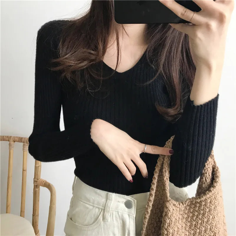 Koreanische Herbst V-ausschnitt Pullover Gestrickte Mode Pullover 2025, Schlank Winter Tops Für Frauen Pullover Jumper Pull Femme Truien Dames.