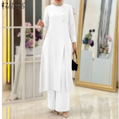 ZANZEA Muslim Abaya Suit Elegant Women Matching Sets Fashion Long Shirt Tops & Wide Leg Pants Ramadan Outfits Urban Tracksuits.