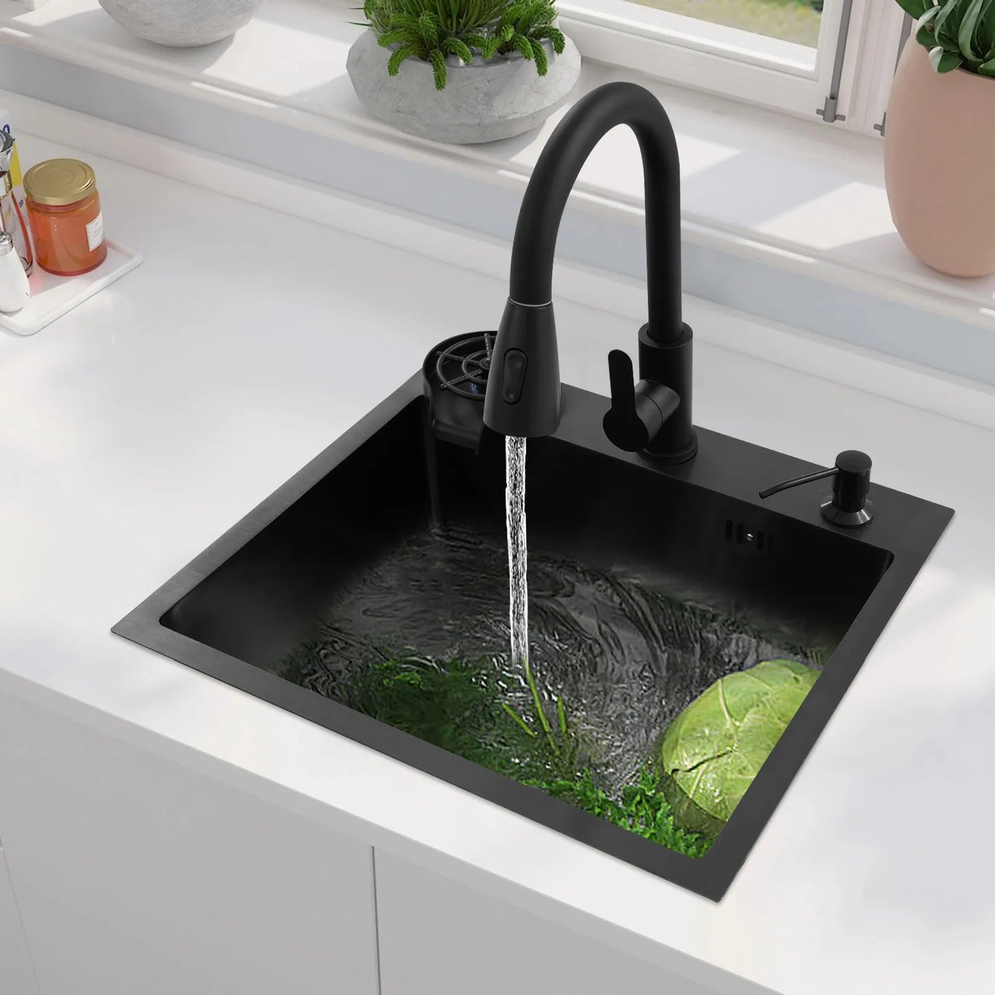 Multifunktionales Küchenspüle mit ausziehbarem Wasserhahn, Tassenspüler, Seifenspender, Abflusskorb, Anti-Überlauf, 201 Edelstahl