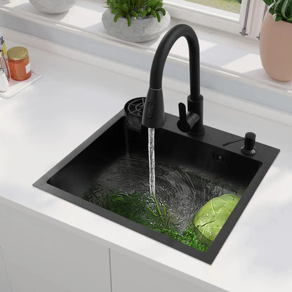 Multifunktionales Küchenspüle mit ausziehbarem Wasserhahn, Tassenspüler, Seifenspender, Abflusskorb, Anti-Überlauf, 201 Edelstahl