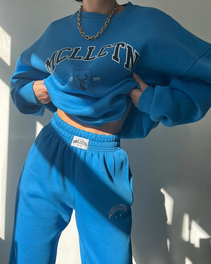 Warm Suit Autumn Winter Women Solid Set Elegant O-neck Pullover Hoodie And Pocket Trousers Two-Piece Set Lady Casual Loose Sets