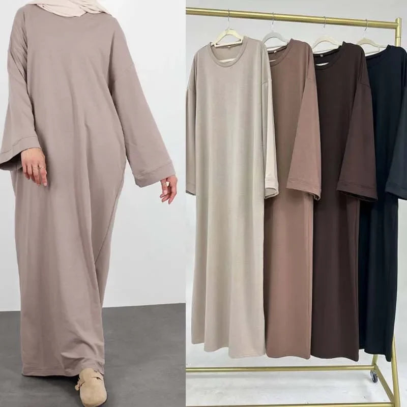 2024 New Modest Dress Solid Color Inner Dresses Muslim Women Dubai Abaya Eid Ramadan Islam Clothing Turkey Arabic Robe.