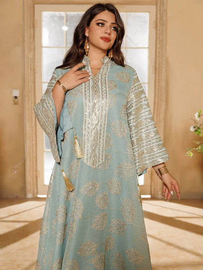 Muslim Women's Light Blue Islamic Embroidered Abaya with Gold Detailing Ideal for Formal Events in Middle East like UAE Saudi.