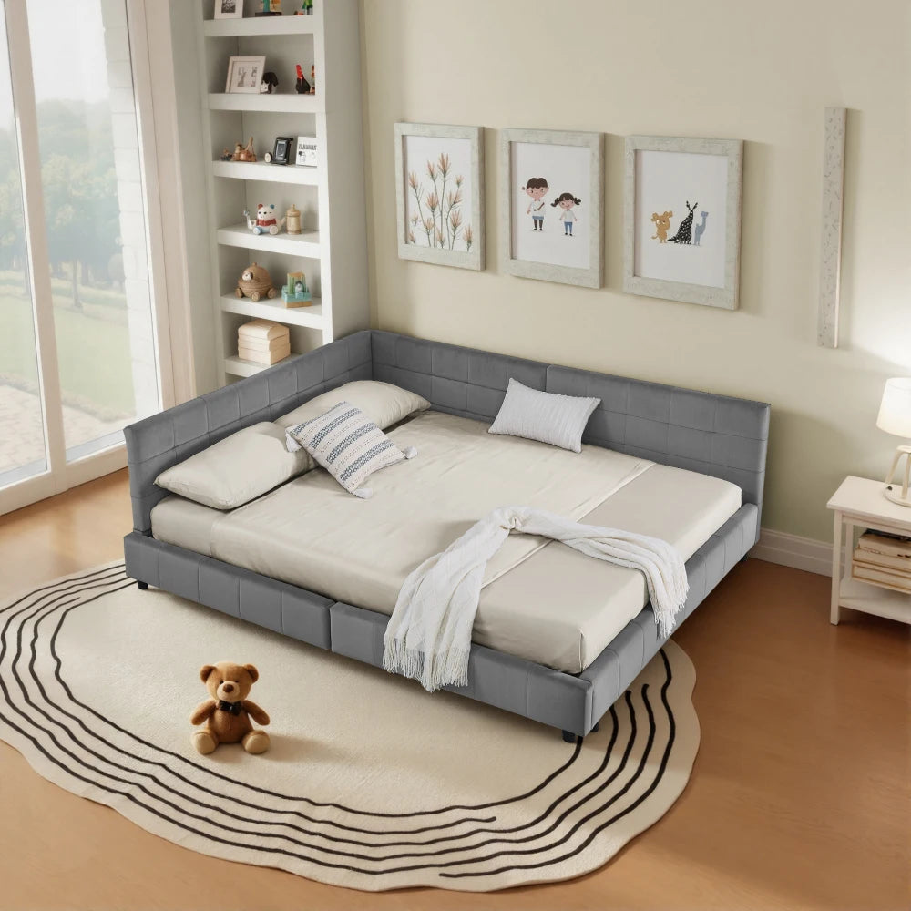 Modernes Einzelbett 90*200 cm, hautfreundliches Samtdesign, Babybett mit hoher Rückenlehne, Beige und Dunkelgrau (ohne Matratze)