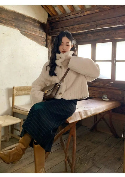 2025 Winter Fashion Stand Collar Warm Plush Short Jacket Women Autumn Retro Street Thickened Loose Harajuku Casual Short Jacket