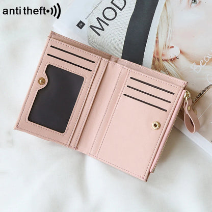 RFID Anti-Theft Short Card Bag for Women, Brush, PU, Solid Color, Zipper Buckle, Multi-functional Fashion, Small Purse.