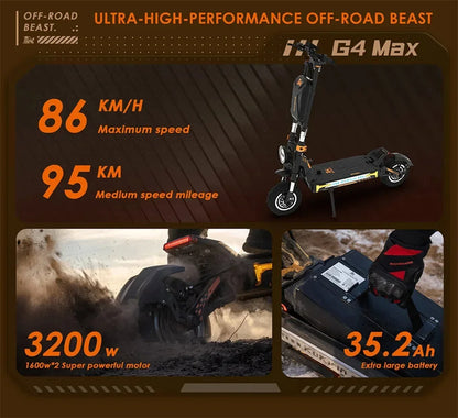 Original KuKirin G4 Max Off-Road Electric Scooter 2*1600W Motor 60V 35.2Ah 95km Max Range 86km/h Speed foldable Kick EScooter.