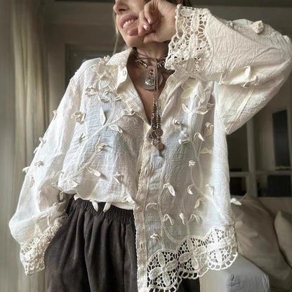 Casual Solid Color Long Sleeve Vacation Shirts Elegant Lapel Floral Hollow Out Blouse Fashion Women Single Breasted Commute Tops.