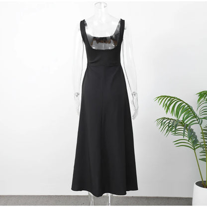 Schwarzes A-Linien-Langkleid für Damen, elegant, quadratischer Ausschnitt, plissiert, ärmellos, Sling-Maxikleider, 2025, Sommer-Dame, Urlaub, Party, Roben.