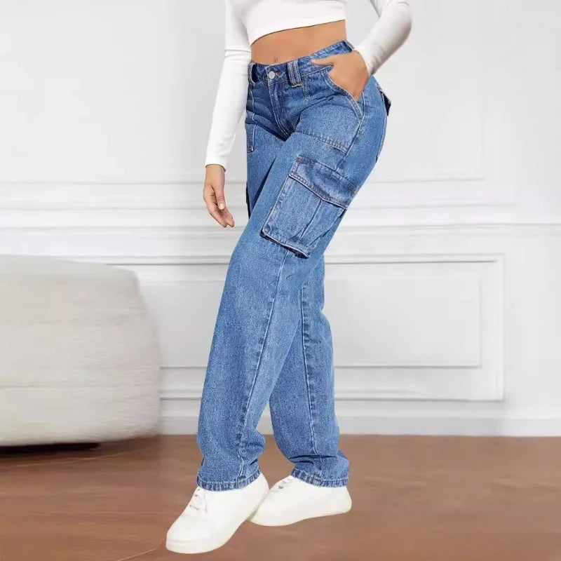 Street Style Casual Wide Leg Jeans Multiple Pockets High Waist Straight Cut Non-Stretch Denim for Women Trendy Autumn 2025.