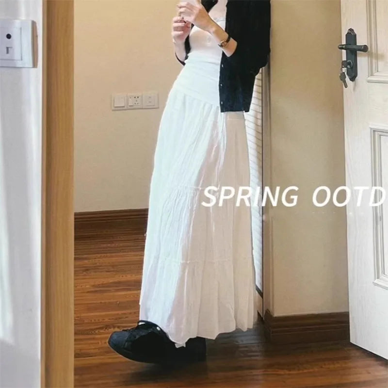Spring Summer Women Long Skirts Fashion High Waist Elastic Patchwork A-Line Skirt Casual All-Match White Cake Maxi Skirts Female.