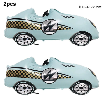 Rennwagen-Thema, zwei schnelle Jungen, Partydekorationen zum 2. Geburtstag für Rennwagen, karierte Flaggen, Rennrad, Einweggeschirr.