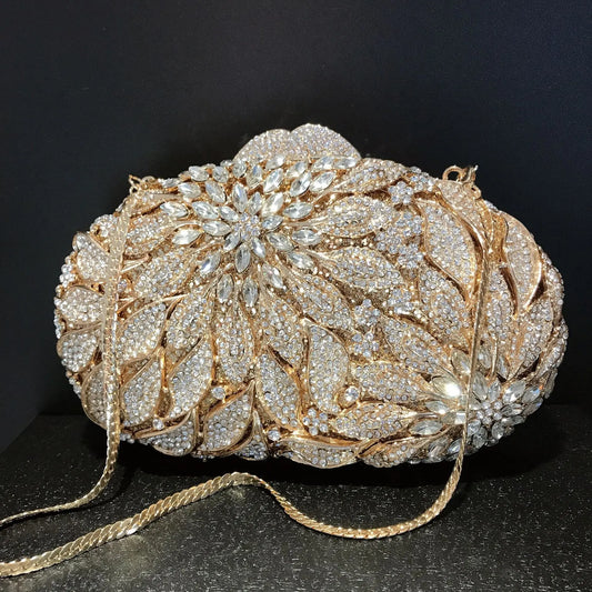 Gold Metal Leaves White Crystals Evening Clutch Bags Luxury Women Wedding Party Purse Ball Handbags Rhinestone Mini heart bag.