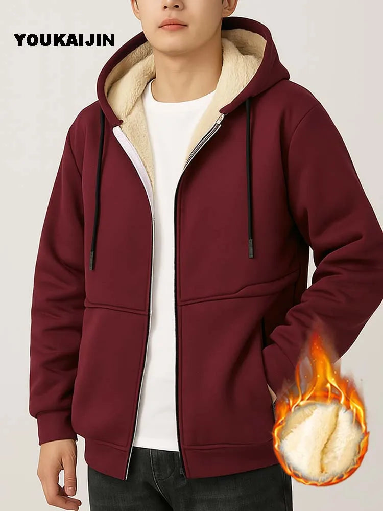 Men's Warm Fleece Hoodie Autumn Winter Sherpa Lined Full-Zip Solid Color Sweatshirt Jacket Coat.