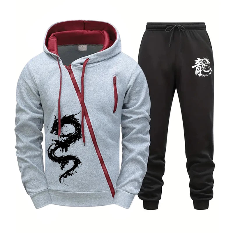 Men's Zipper Hooded Tracksuit Chinese Dragon Print Jacket Sweatpants 2pcs Set Male Outdoor Casual Sports Riding Versatile Outfit.