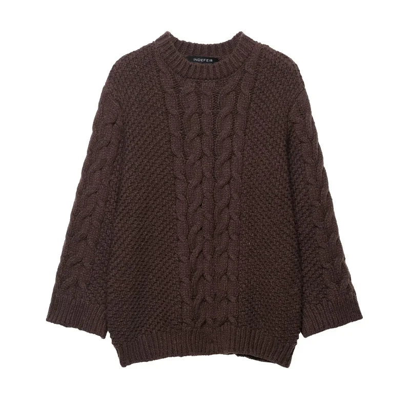 Casual Twists Stricken Oversize-Pullover Frauen Oansatz Lange Flare Hülse Lose Solide Pullover 2025, Herbst Winter Vintage Pullover
