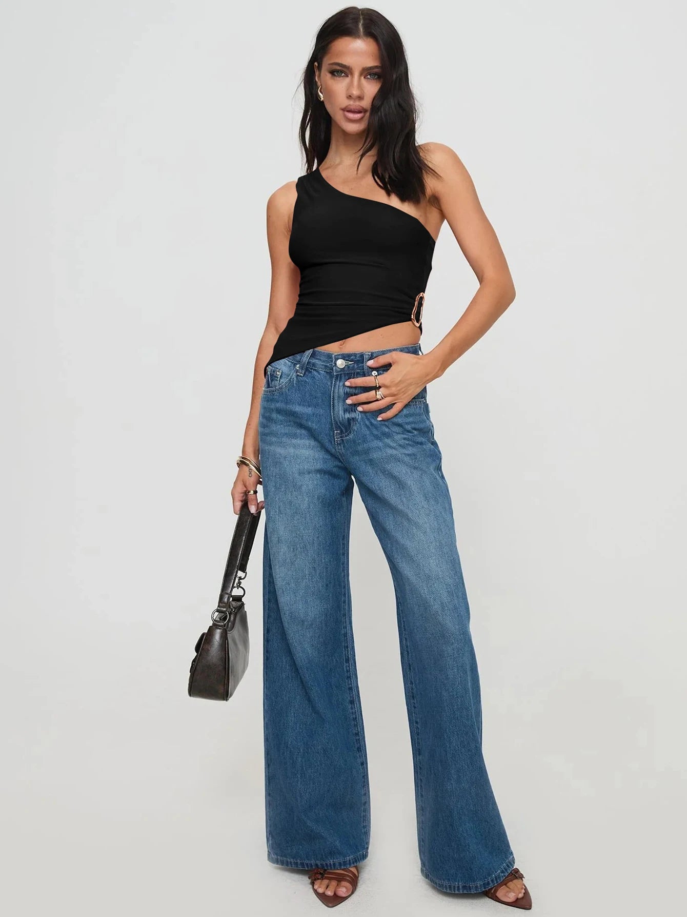 Dulzura One Shoulder Sleeveless Backless Bodycon Irregular Metal Button Tank Top Solid Sexy Casual Y2K Tops Party Street Outfit.