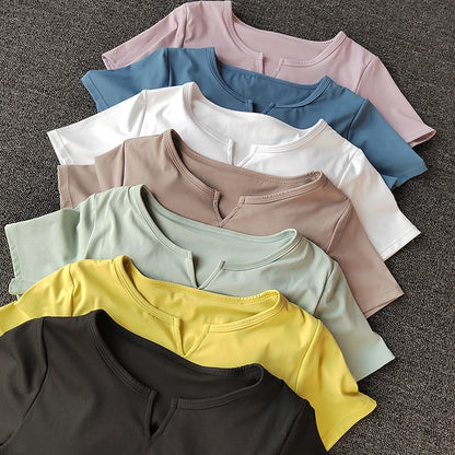 Women's  Sports Shirts Yoga Short-sleeved T-shirt Padded Tight Training T-Shirt Breathable Quick-dry Running T-Shirt Fitness Top.