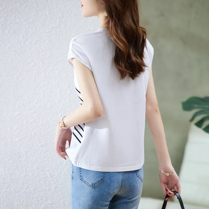 Color Block Striped Slimming T Shirt Women Casual Short Sleeve Top.
