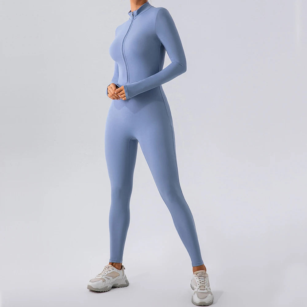 S-XL 2025 Nylon Zipper Long Sleeve Yoga Set Women One Piece Jumpsuit Fitness Gym Workout Pant Legging Running Romper Suit XP27.