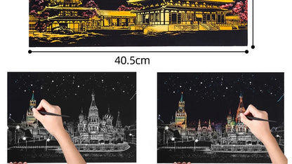 4PCS Scratch Art Paper World Landmarks Animals Painting Toy with Stylus Stress Relief Drawing Kids Adult Gift Glow in Dark Craft.
