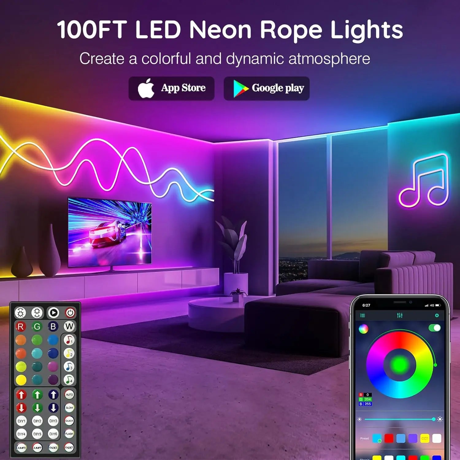 Neon Rope Lights,Flexible Led Rope Lights Control with App/Remote,Multiple Modes Rope Lights,IP65 Outdoor RGB Led Neon Lights Wa.