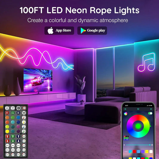 Neon Rope Lights,Flexible Led Rope Lights Control with App/Remote,Multiple Modes Rope Lights,IP65 Outdoor RGB Led Neon Lights Wa.