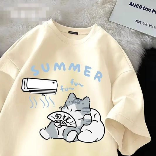 Summer Japanese Cartoon Cute Cat Fun Print Short Sleeve T-shirt Women's Loose Casual Half Sleeve Soft Bottom Plus Size Shirt Top.