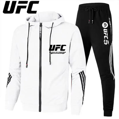 UFC New Frontier Men's Casual Sports Set Fashion Zipper Jacket Running Women's Men's Sports Set UFC Printed Outdoor Hoodie Set.