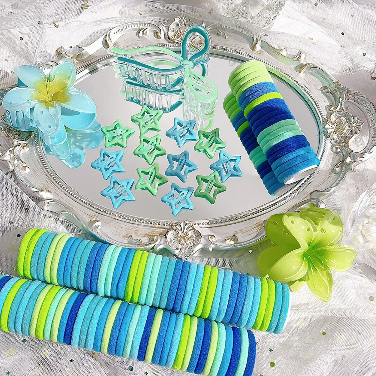 High Elasticity Women's Hair Accessories Blue Series Butterfly Knot Egg Flower Comb Set Hair Clips Fashionable Hair Accessories.