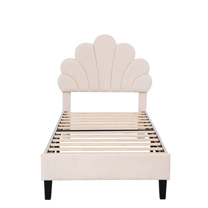 Rosahqnda Kinderbett 90x200 cm, blütenblattförmiges Kopfteil, gepolstertes Einzelbett für Kinder- und Mädchenschlafzimmer, Rosa/Beige