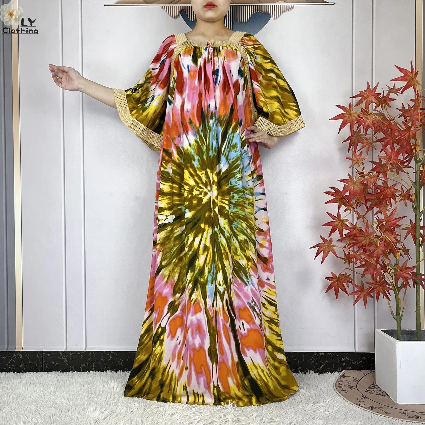 New Muslim Dress Woman Short Sleeve Dashiki African Abaya Tie-dyed Printing Cotton Loose Femme Robe Islamic Dresses With Scarf