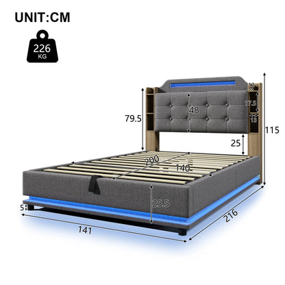 140*200cm Polsterbett mit LED-Lichtleiste und mehreren Ablagefächern, für Schlafzimmerwäsche, Beige (ohne Matratze)