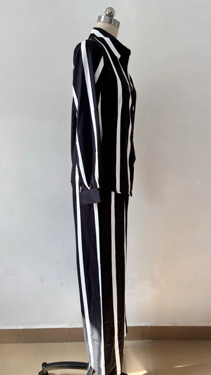 Fashion Striped Print Suit For Women Elegant Lapel Long Sleeved Shirt Elastic Waist Wide Leg Pants Two Piece Set 2024 Autumn New.