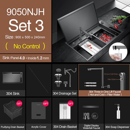 ASRAS Hidden Double Sinks Smart Purifying Kitchen Island Sinks Flip Cover Hidden 4mm Thickness Handmade kitchen Sinks