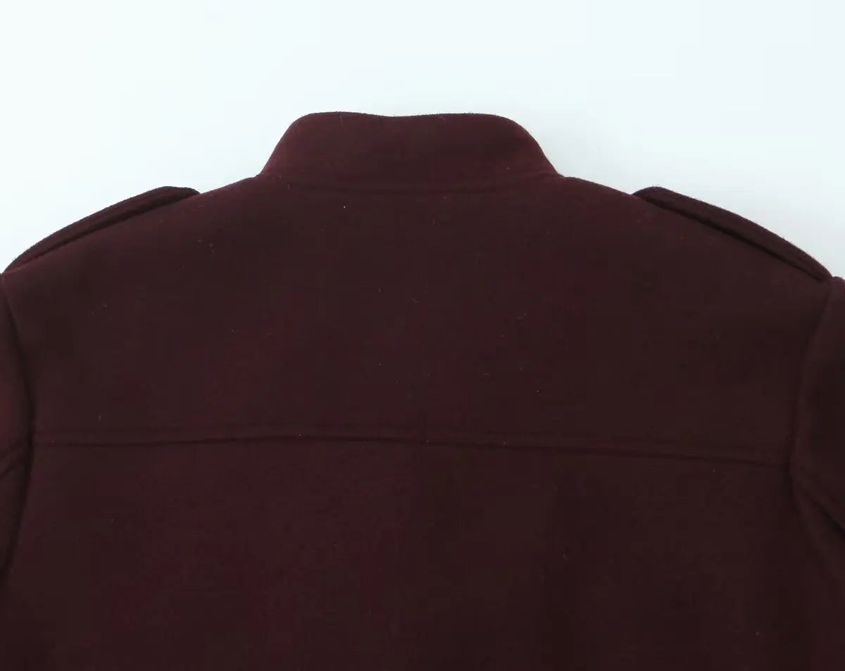 ZBZA Women's Retro Wine Red Cropped Jacket Stand Collar Long Sleeve Buttoned Epaulettes Patch Pocket Coat Fall Winter New Jacket.