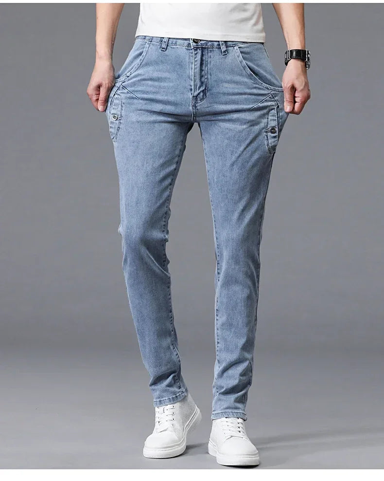 2024 New Men's Skinny Jeans Blue Gray Cotton Elasticity Straight Pencil Foot Slim Fit Fashionable Casual Denim Long Pants Male.