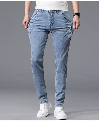 2024 New Men's Skinny Jeans Blue Gray Cotton Elasticity Straight Pencil Foot Slim Fit Fashionable Casual Denim Long Pants Male.
