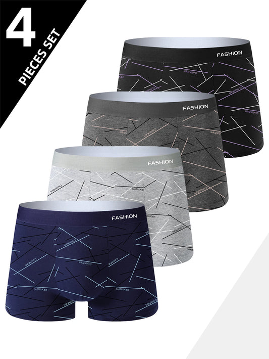 4-teilige Herrenunterwäsche, bequeme, weiche und modische Intim-Boxershorts mit täglichem Liniendruck, sportliche und atmungsaktive Boxershorts