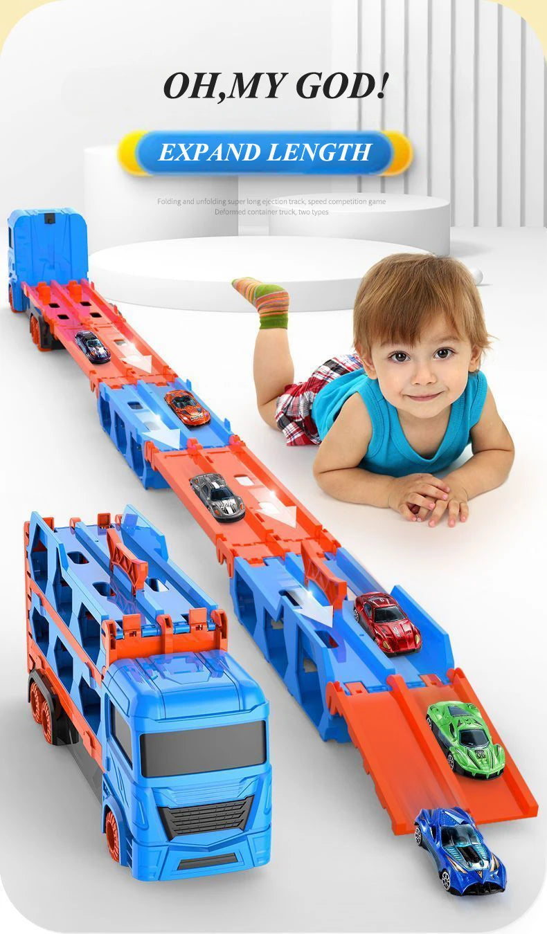 Large Car Transporter Truck Folding Track Racing Vehicle Kids Competitive Games Storage Alloy Car Boy Toy Children Novel Gift.