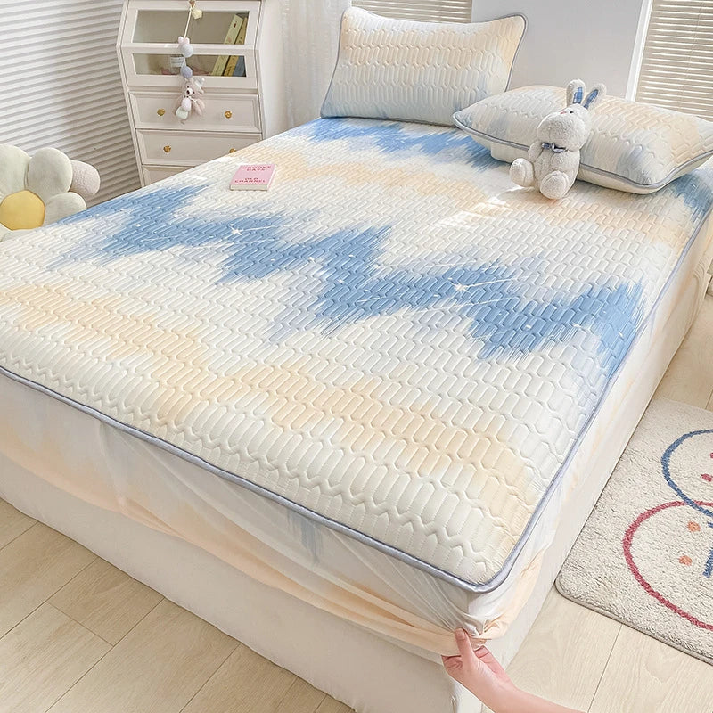 High Quilt Thicken Latex Cooling Mattress Cover Summer Cool Down Soft Bed Mat and Pillowcase Machine Washable Cold Feel Bed Pad