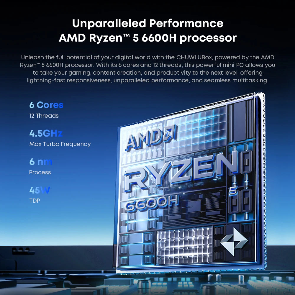CHUWI UBox Mini PC AMD R5 6600H 6-core 12-thread Computer 16GB DDR5 512GB PCIe 4.0 SSD WiFi 6 BT5.2 Mini PC Desktop Computer.
