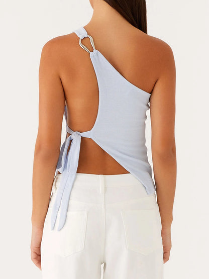 Women Off One Shoulder Tank Tops for Women Solid Stylish Side Tie Design Summer T-Shirt.