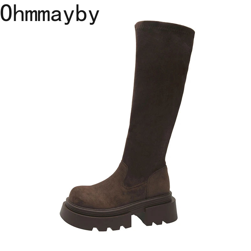 Winter Platform Punk Style Woman Knee High Boot Concise Slip On Elastic Slim Shoes Ladies Thick Bottom Knight Long Booties.